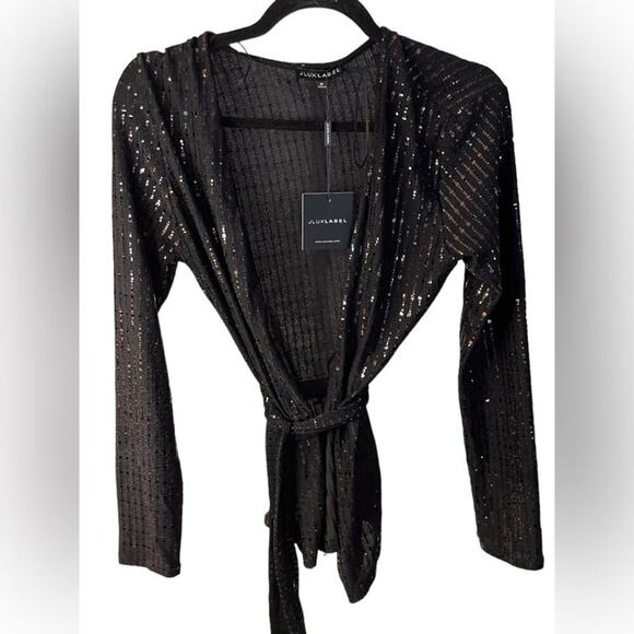 NWT JLUXLABEL Black Sequined Belted Cardigan Medium - Picture 1 of 9
